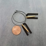 Black Hoop Earrings, gold bar dangle, u shape black accent, big black and gold jewelry, mixed metal earrings, artisan original, unique hoops