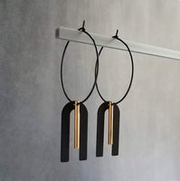 Black Hoop Earrings, gold bar dangle, u shape black accent, big black and gold jewelry, mixed metal earrings, artisan original, unique hoops