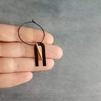 Black Hoop Earrings, gold bar dangle, u shape black accent, big black and gold jewelry, mixed metal earrings, artisan original, unique hoops