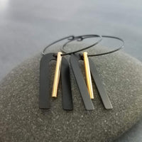 Black Hoop Earrings, gold bar dangle, u shape black accent, big black and gold jewelry, mixed metal earrings, artisan original, unique hoops