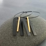Black Hoop Earrings, gold bar dangle, u shape black accent, big black and gold jewelry, mixed metal earrings, artisan original, unique hoops