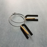 Black Hoop Earrings, gold bar dangle, u shape black accent, big black and gold jewelry, mixed metal earrings, artisan original, unique hoops
