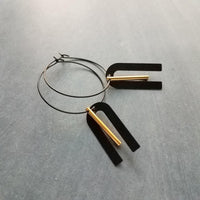 Black Hoop Earrings, gold bar dangle, u shape black accent, big black and gold jewelry, mixed metal earrings, artisan original, unique hoops