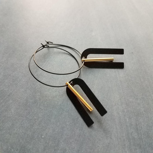 Black Hoop Earrings, gold bar dangle, u shape black accent, big black and gold jewelry, mixed metal earrings, artisan original, unique hoops