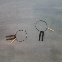 Black Hoop Earrings, gold bar dangle, u shape black accent, big black and gold jewelry, mixed metal earrings, artisan original, unique hoops
