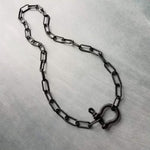 Matte Black Chunky Necklace, matt black chain, thick front clasp necklace, large oval paperclip chain, screw shackle big horseshoe clasp