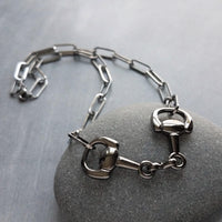 Snaffle Bit Necklace, gunmetal paperclip chain, thick chunky oval link chain, silver black horse necklace D ring snaffle equestrian necklace