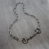Snaffle Bit Necklace, gunmetal paperclip chain, thick chunky oval link chain, silver black horse necklace D ring snaffle equestrian necklace