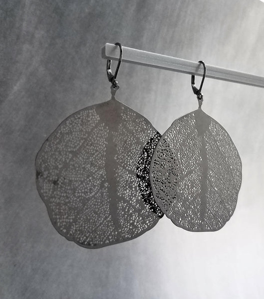 Large Gunmetal Earrings, big lightweight leaf earrings, coral earring, filigree earring, sea fan earring, organic shape, see through dangles