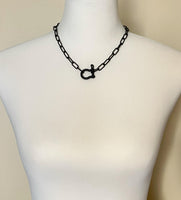 Matte Black Chunky Necklace, matt black chain, thick front clasp necklace, large oval paperclip chain, screw shackle big horseshoe clasp