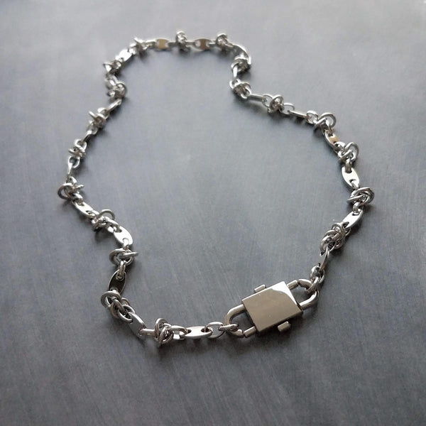 Barbed Wire Necklace, large silver front clasp, stainless steel chain, mariner chain, knotted chain, double end clasp, chunky silver chain