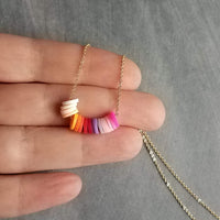 Multicolor Disk Necklace, colorful necklace, delicate thin gold chain, small round disc, cheerful necklace, pink orange purple ombre clay