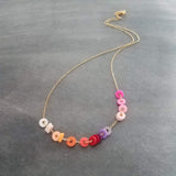 Multicolor Disk Necklace, colorful necklace, delicate thin gold chain, small round disc, cheerful necklace, pink orange purple ombre clay