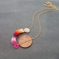 Multicolor Disk Necklace, colorful necklace, delicate thin gold chain, small round disc, cheerful necklace, pink orange purple ombre clay