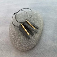 Black Hoop Earrings, gold bar dangle, u shape black accent, big black and gold jewelry, mixed metal earrings, artisan original, unique hoops