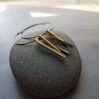 Black Hoop Earrings, gold bar dangle, u shape black accent, big black and gold jewelry, mixed metal earrings, artisan original, unique hoops