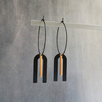 Black Hoop Earrings, gold bar dangle, u shape black accent, big black and gold jewelry, mixed metal earrings, artisan original, unique hoops