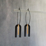 Black Hoop Earrings, gold bar dangle, u shape black accent, big black and gold jewelry, mixed metal earrings, artisan original, unique hoops