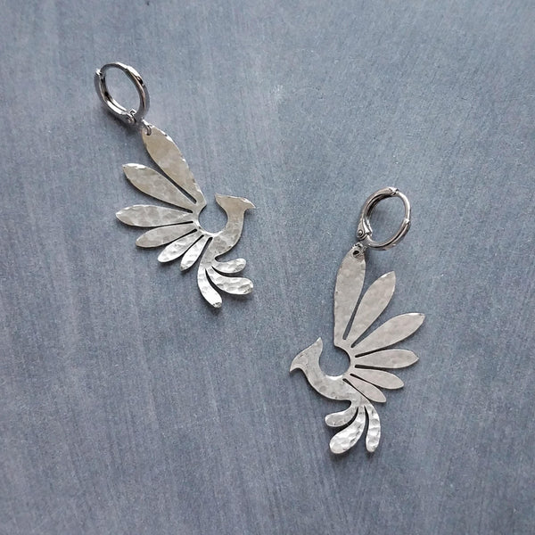 Hammered Silver Bird Earrings, pewter style earring, antique silver rising mythical Phoenix earrings, small silver huggie hoops, curved