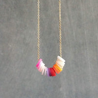 Multicolor Disk Necklace, colorful necklace, delicate thin gold chain, small round disc, cheerful necklace, pink orange purple ombre clay