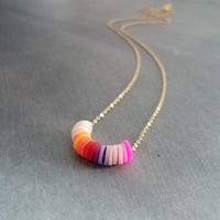 Multicolor Disk Necklace, colorful necklace, delicate thin gold chain, small round disc, cheerful necklace, pink orange purple ombre clay