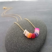 Multicolor Disk Necklace, colorful necklace, delicate thin gold chain, small round disc, cheerful necklace, pink orange purple ombre clay