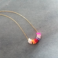Multicolor Disk Necklace, colorful necklace, delicate thin gold chain, small round disc, cheerful necklace, pink orange purple ombre clay
