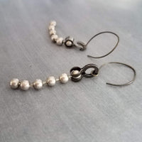 Silver Ball Chain Earrings, gun metal black hooks, gunmetal elf hook, mixed metal, gun black, long narrow dangle, round bead earring, grunge