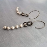 Silver Ball Chain Earrings, gun metal black hooks, gunmetal elf hook, mixed metal, gun black, long narrow dangle, round bead earring, grunge