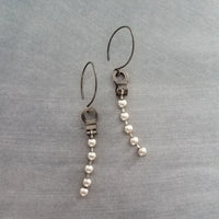 Silver Ball Chain Earrings, gun metal black hooks, gunmetal elf hook, mixed metal, gun black, long narrow dangle, round bead earring, grunge
