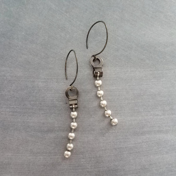 Silver Ball Chain Earrings, gun metal black hooks, gunmetal elf hook, mixed metal, gun black, long narrow dangle, round bead earring, grunge