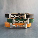 Horse Snaffle Bracelet, snaffle bit bracelet, silver snaffle buckle strap bracelet, black green yellow, adjustable, small snaffle charm