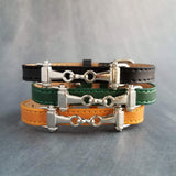 Horse Snaffle Bracelet, snaffle bit bracelet, silver snaffle buckle strap bracelet, black green yellow, adjustable, small snaffle charm