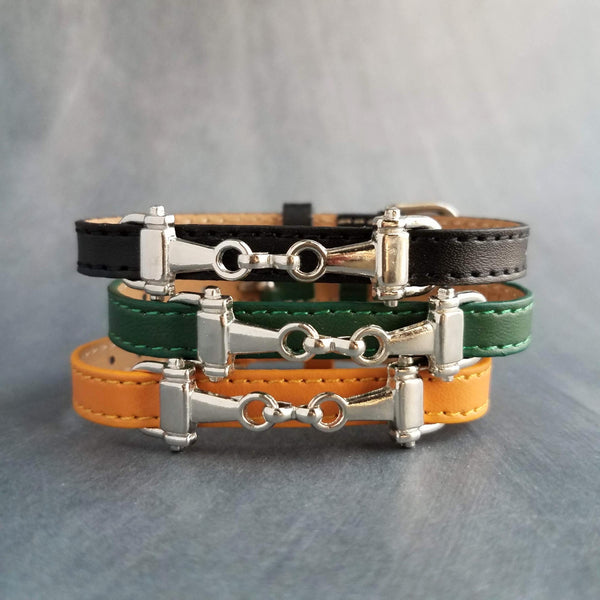 Horse Snaffle Bracelet, snaffle bit bracelet, silver snaffle buckle strap bracelet, black green yellow, adjustable, small snaffle charm