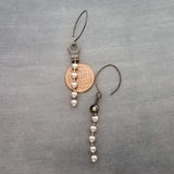 Silver Ball Chain Earrings, gun metal black hooks, gunmetal elf hook, mixed metal, gun black, long narrow dangle, round bead earring, grunge