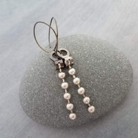 Silver Ball Chain Earrings, gun metal black hooks, gunmetal elf hook, mixed metal, gun black, long narrow dangle, round bead earring, grunge