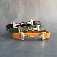 Horse Snaffle Bracelet, snaffle bit bracelet, silver snaffle buckle strap bracelet, black green yellow, adjustable, small snaffle charm