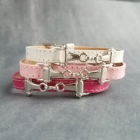 Horse Snaffle Bit Bracelet, stitched genuine leather flat strap, small antique silver snaffle charm, buckle bracelet, red hot pink lilac purple adjustable