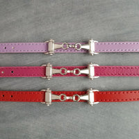 Horse Snaffle Bit Bracelet, stitched genuine leather flat strap, small antique silver snaffle charm, buckle bracelet, red hot pink lilac purple adjustable