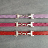 Horse Snaffle Bit Bracelet, stitched genuine leather flat strap, small antique silver snaffle charm, buckle bracelet, red hot pink lilac purple adjustable