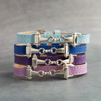 Snaffle Bit Bracelet, silver snaffle bracelet, adjustable blue leather strap bracelet, lilac purple powder cobalt navy, 8mm stitched, buckle