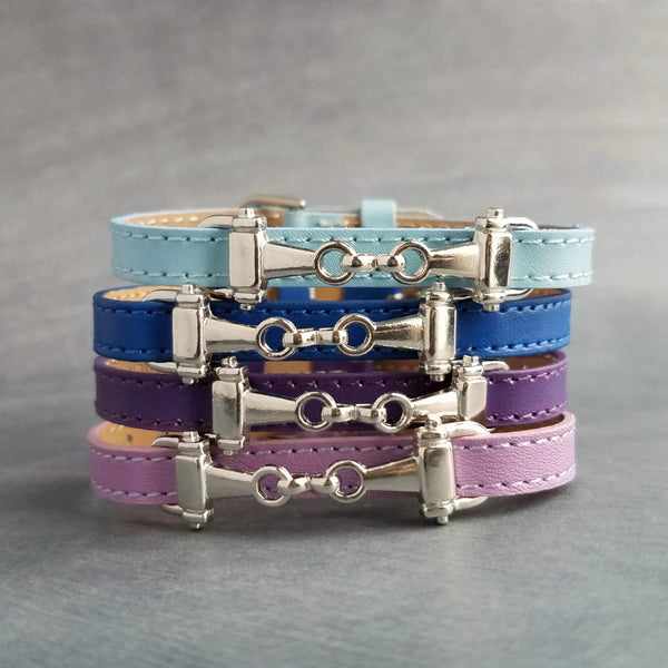 Snaffle Bit Bracelet, silver snaffle bracelet, adjustable blue leather strap bracelet, lilac purple powder cobalt navy, 8mm stitched, buckle