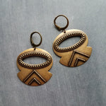 Large Antique Brass Earrings, tribal style medallions, beaded edge, antique bronze earring, lightweight ox brass gold round lever back hoop