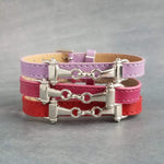 Horse Snaffle Bit Bracelet, stitched genuine leather flat strap, small antique silver snaffle charm, buckle bracelet, red hot pink lilac purple adjustable