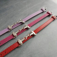 Horse Snaffle Bit Bracelet, stitched genuine leather flat strap, small antique silver snaffle charm, buckle bracelet, red hot pink lilac purple adjustable
