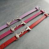 Horse Snaffle Bit Bracelet, stitched genuine leather flat strap, small antique silver snaffle charm, buckle bracelet, red hot pink lilac purple adjustable