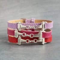 Snaffle Bit Bracelet, silver snaffle bracelet, adjustable blue leather strap bracelet, lilac purple powder cobalt navy, 8mm stitched, buckle