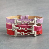 Snaffle Bit Bracelet, silver snaffle bracelet, adjustable blue leather strap bracelet, lilac purple powder cobalt navy, 8mm stitched, buckle