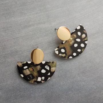 80s Tortoise Earrings, gold stud 80s earring, acrylic acetate earring, mottled, semicircle earring, half circle earring, thick chunky, oval - Constant Baubling