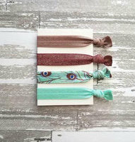 Peacock Hair Accessory Set - tie band elastic stretch knot ponytail ribbon - feather print aqua turquoise blue mauve purple sparkle wine - Constant Baubling